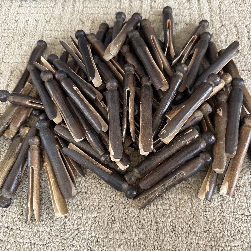 Vintage Wooden Clothes Pegs Pins Round Head Dark Laundry Crafts Decor Large Lot